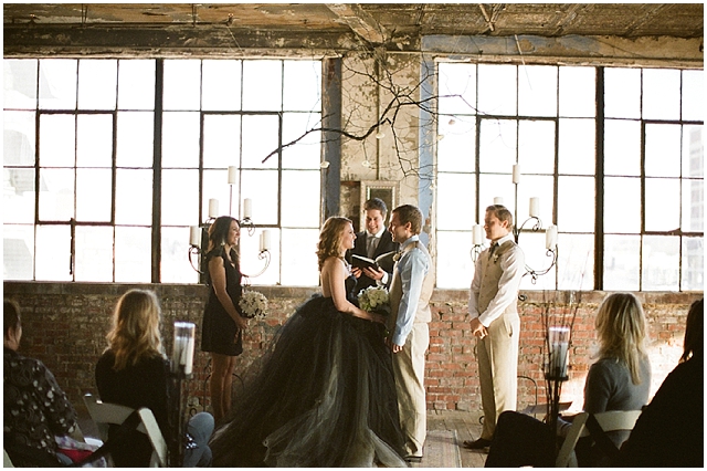 A small and intimate loft wedding with pretty black accents