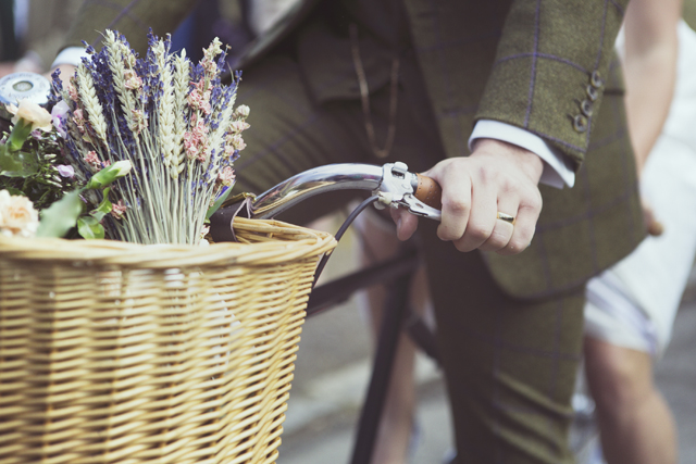 Bride and groom on 70s vintage tandem