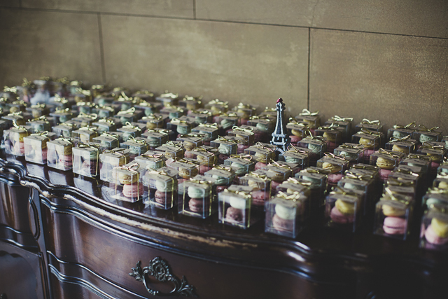 Pastel macaron wedding favours and eiffel tower