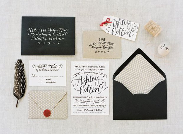 linen and black wedding stationery