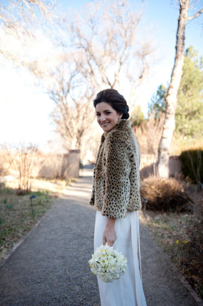 Bride in leopard print coat