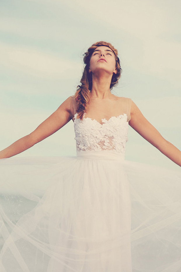 Dreamy sheer neck wedding dress with stunning soft tulle skirt and sheer lace detailing