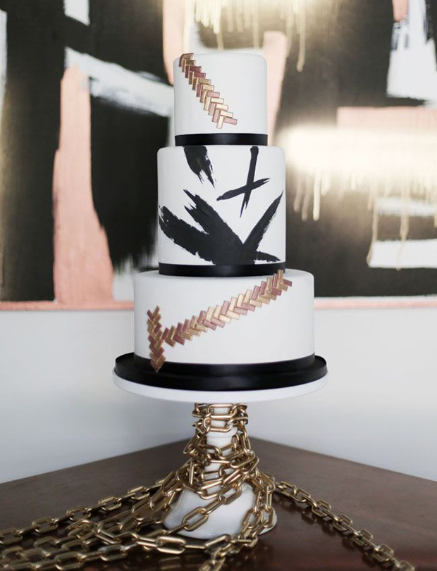 mixed metals, white and black modern wedding cake