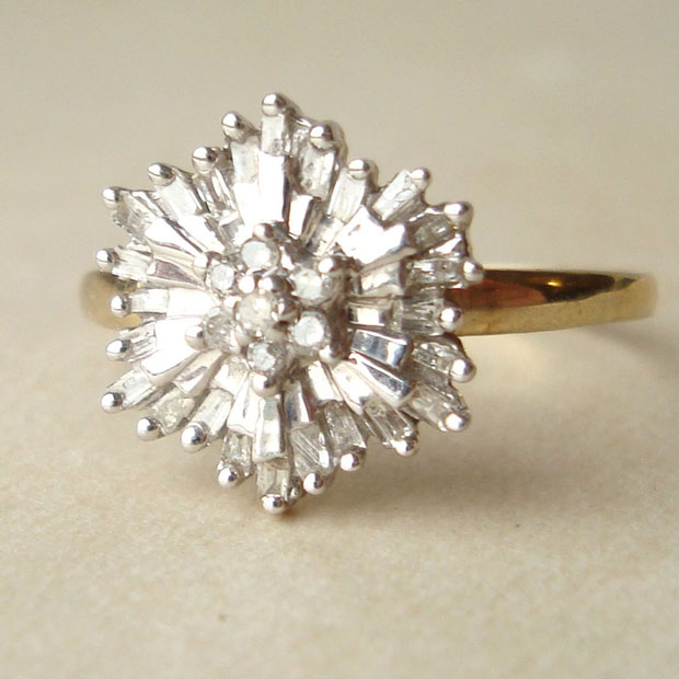 1950's Baguette Diamond Starburst Ring, Vintage Diamond Flower Ring
