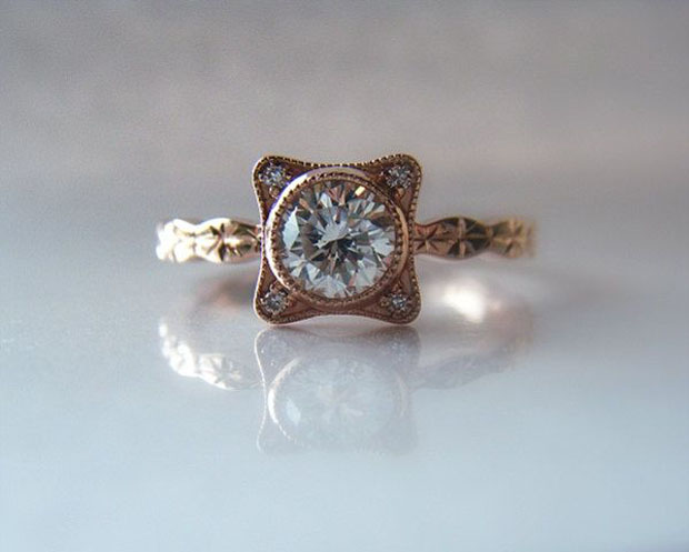 Diamond Engagement Ring Hand Engraved 14K Rose Gold Star Pattern