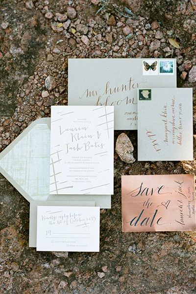 Mint green and copper wedding invites