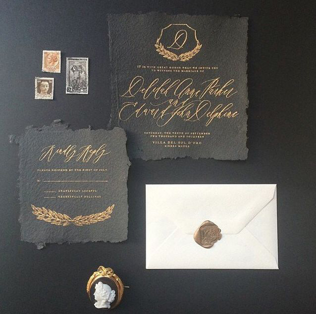 antique gold and black ink wedding calligraphy stationery
