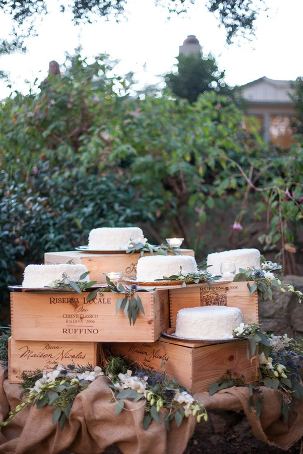 white cake and rustic boxes for winter wedding