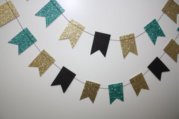 sequin bunting in black, gold and teal