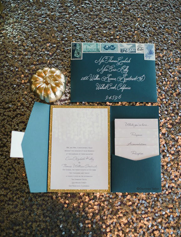 teal and gold sequin wedding stationery