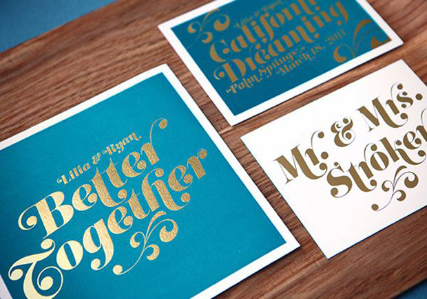 teal and gold wedding stationery