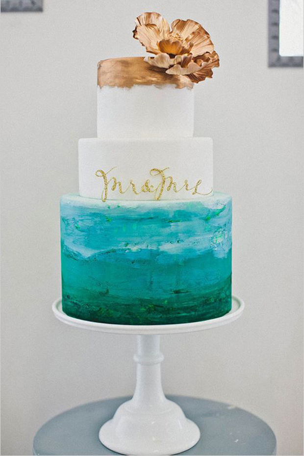 teal, emerald and gold wedding cake