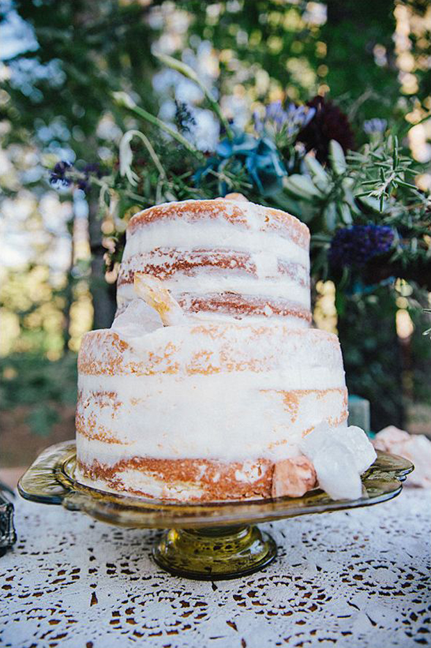 rustic naked cake decorated with quartz crystals