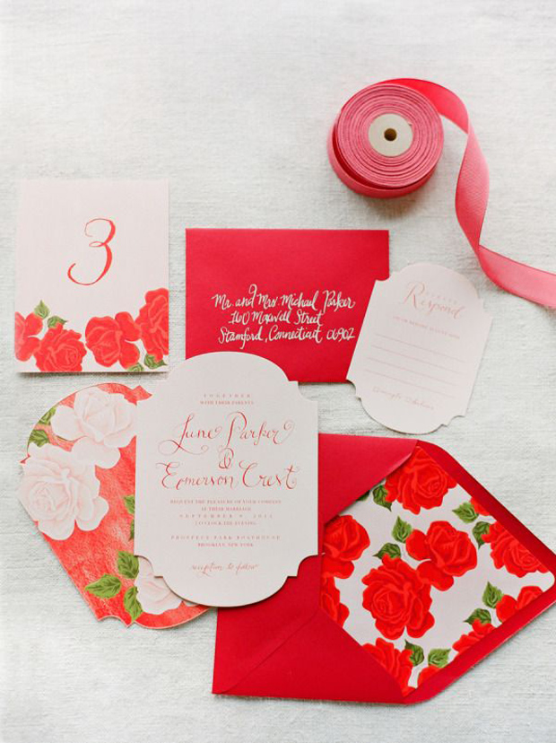 fiesta red - floral wedding invites
