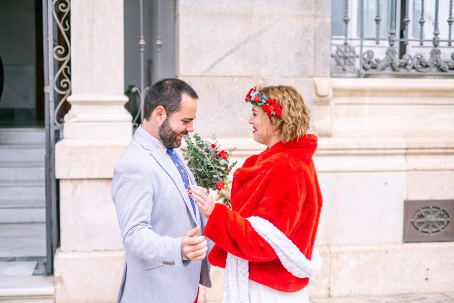 Spanish Red Wedding with Blue & Red Floral Crown: Kleio & Julio