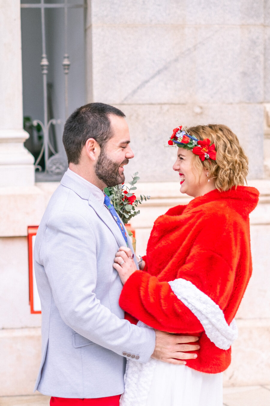 Spanish Red Wedding with Blue & Red Floral Crown: Kleio & Julio