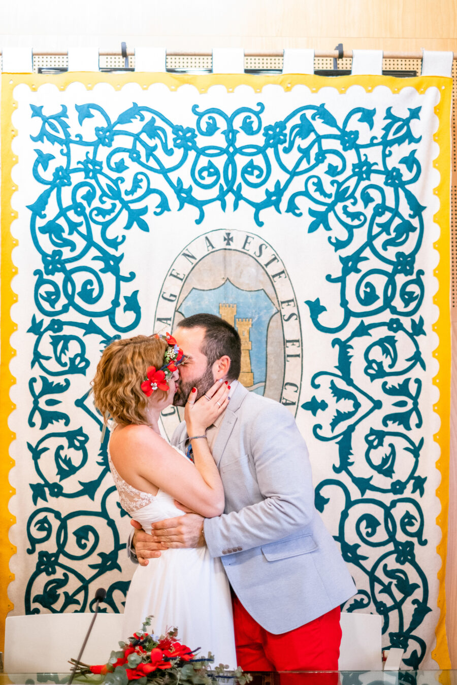 Spanish Red Wedding with Blue & Red Floral Crown: Kleio & Julio