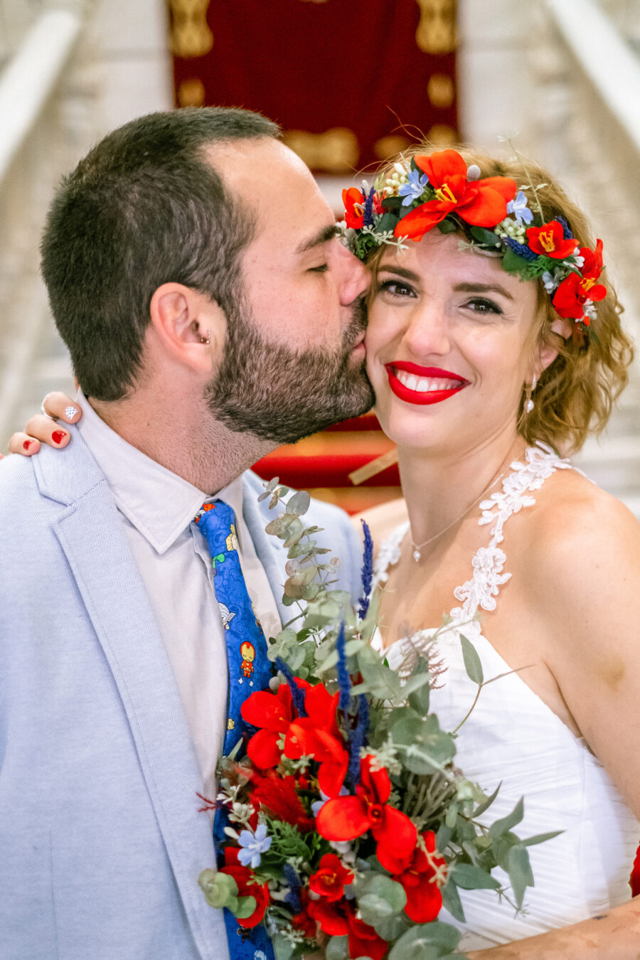 Spanish Red Wedding with Blue & Red Floral Crown: Kleio & Julio