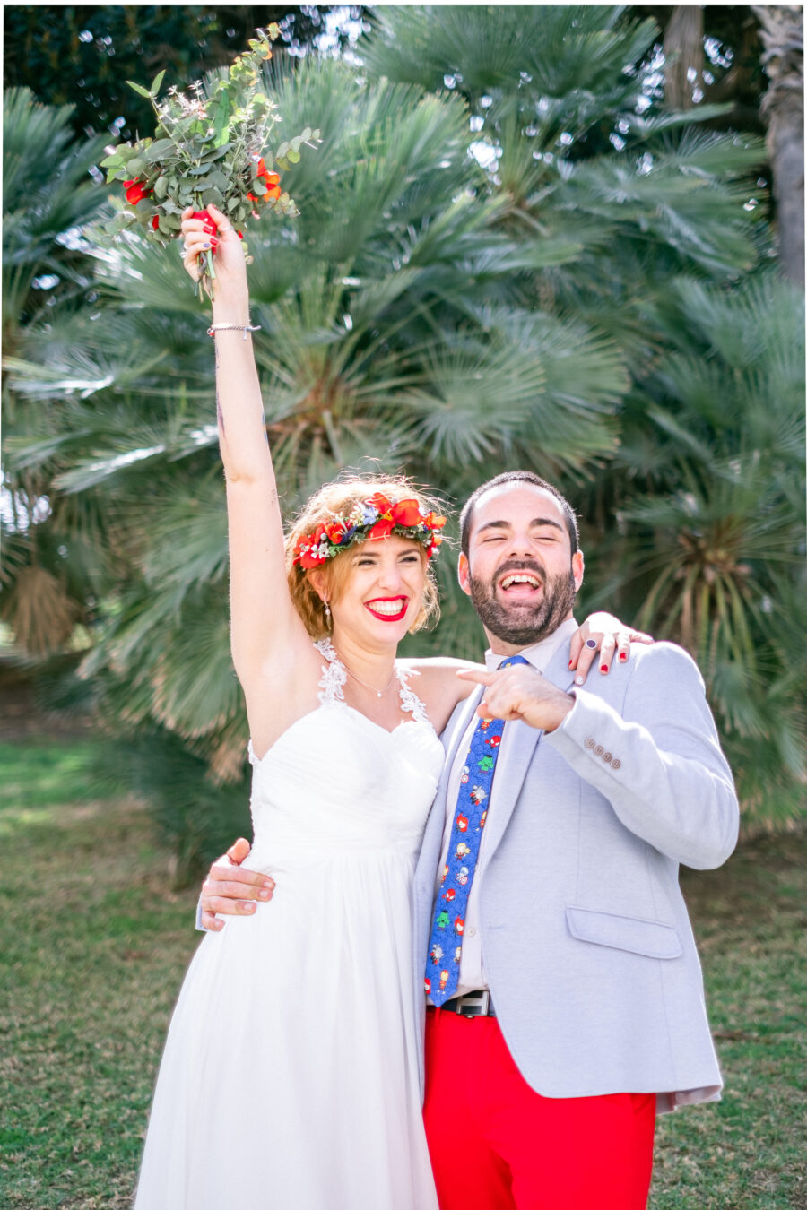 Spanish Red Wedding with Blue & Red Floral Crown: Kleio & Julio