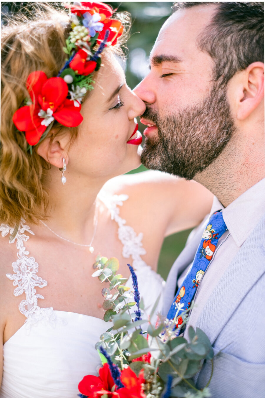 Spanish Red Wedding with Blue & Red Floral Crown: Kleio & Julio